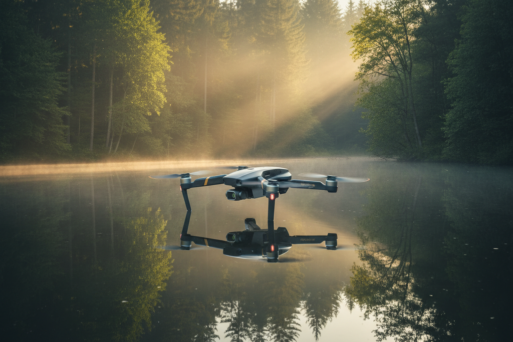 Dron sobre lago en el bosque